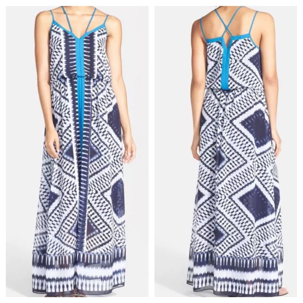 Adrianna Papell Ikat Print Maxi Dress Blue White Nordstrom Navy Ivory S 4 6 NWT